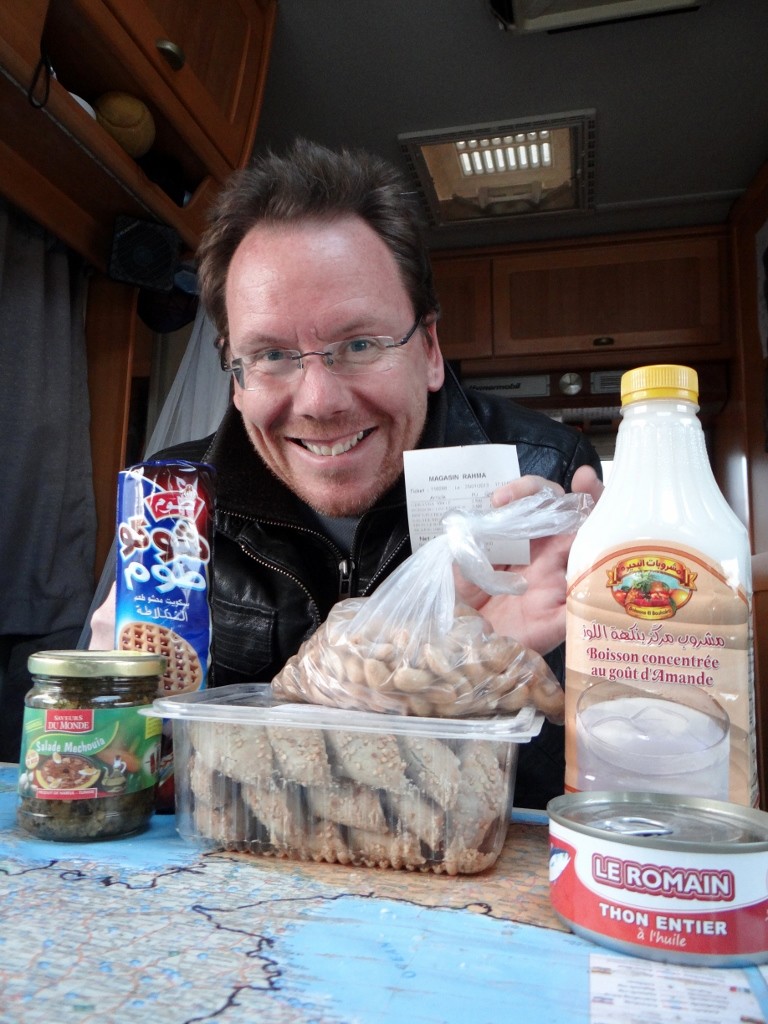 Jay with his supplies - almond cordial, cake, biccies, tuna, nuts and some firey paste.