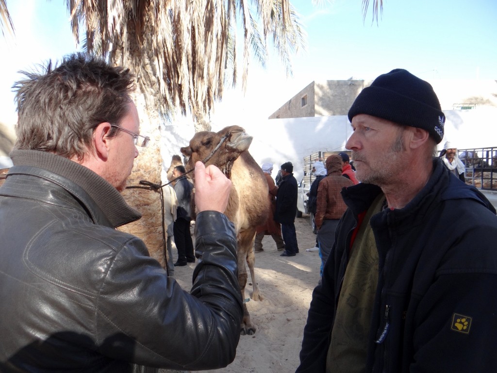 Jay and Wim deep in conversation next to a camel!