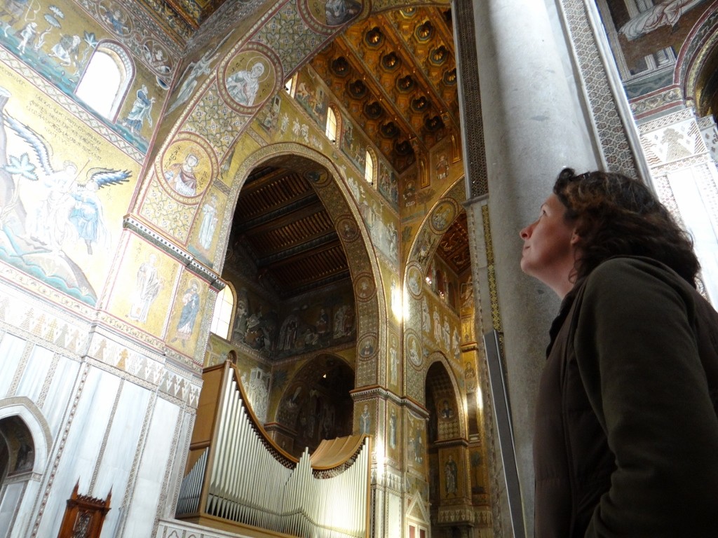 Looking at the mosaics inside Monreale Duomo