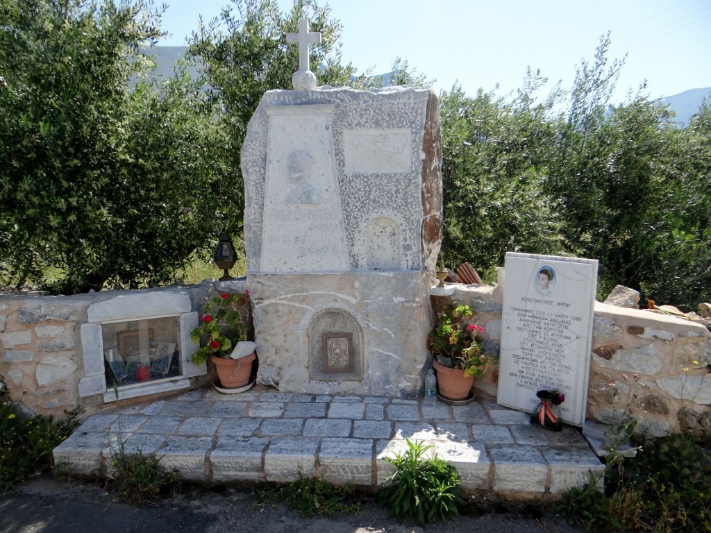 We passed this memorial to a six year old boy who died, there are roadside memorials all across Greece, usually they are small ones for people who died in an accident or a large one from someone who was thankful they survived.