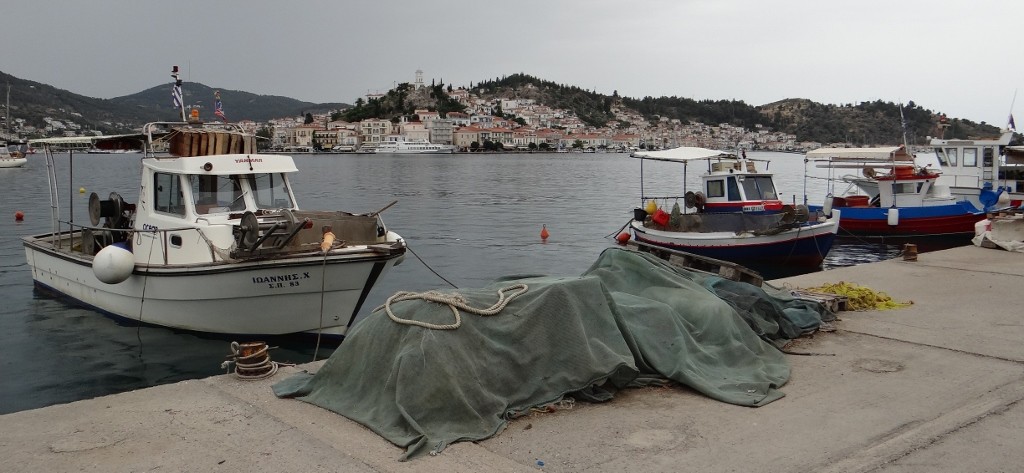 Fishing boats in Galatas with Poros town behind