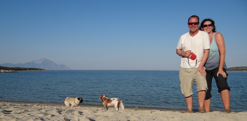 Charlie wanders off for a chat during our family portrait with Mount Athos - charming!