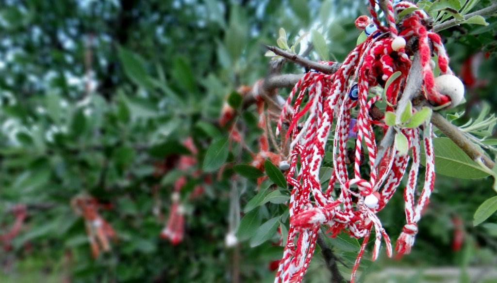 The trees outside the monastery - which aren't full of cherries - are decorated with red and white ribbons.