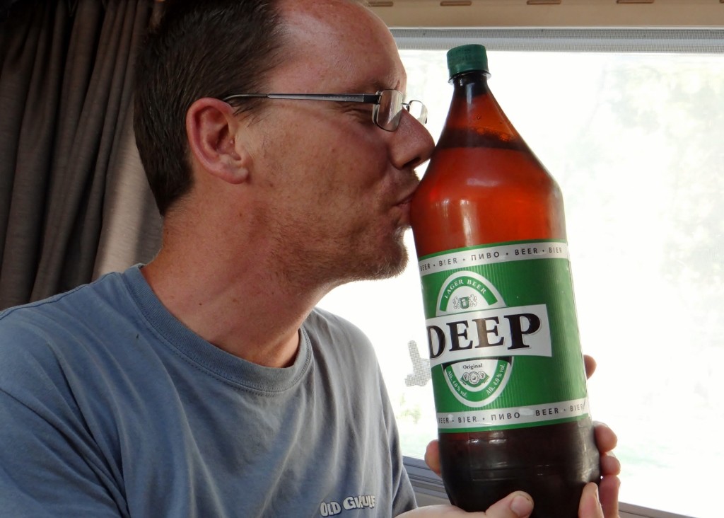 Only one beer for Jay on his Birthday - a 2.5l bottle of Deep which cost £1, it's cold and wet and two pints have gone already!