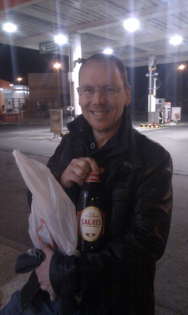 New Years Eve 2012. Jay with supplies from the petrol station in Evora, Portugal -  there wasn't much happening!