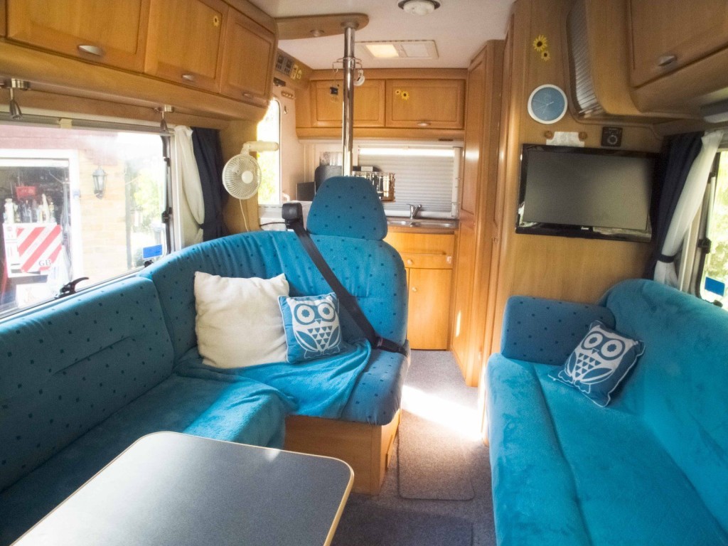 The inside of our 6m-long motorhome, a Hymer B544