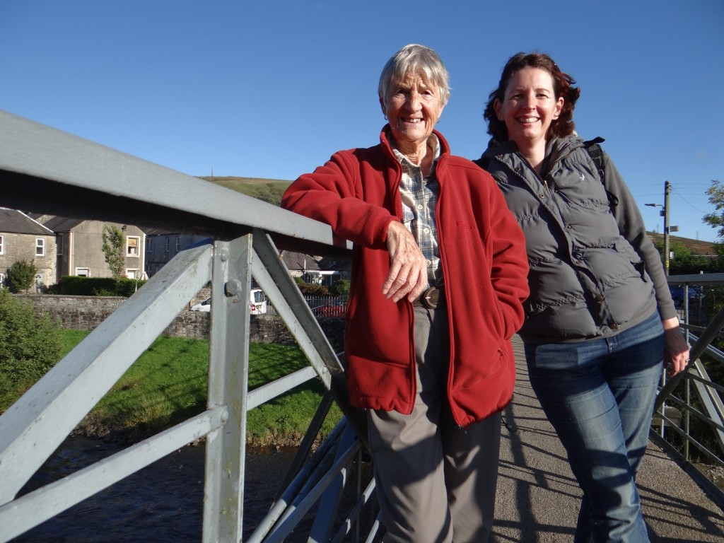 Ju and her Aunt Grace on the 'Wobbly Bridge' in Langholm