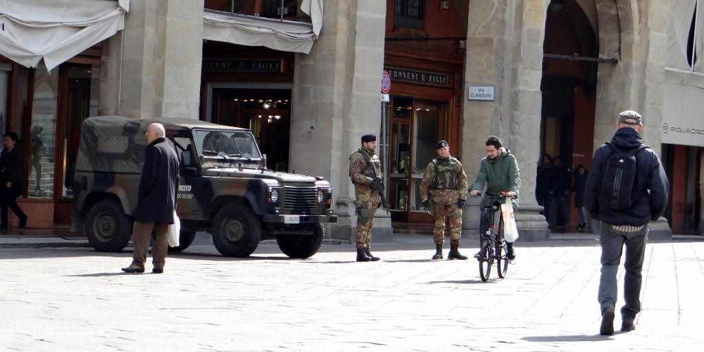 Armed police on the streets of Bologna - still an unusual sight for us over the years