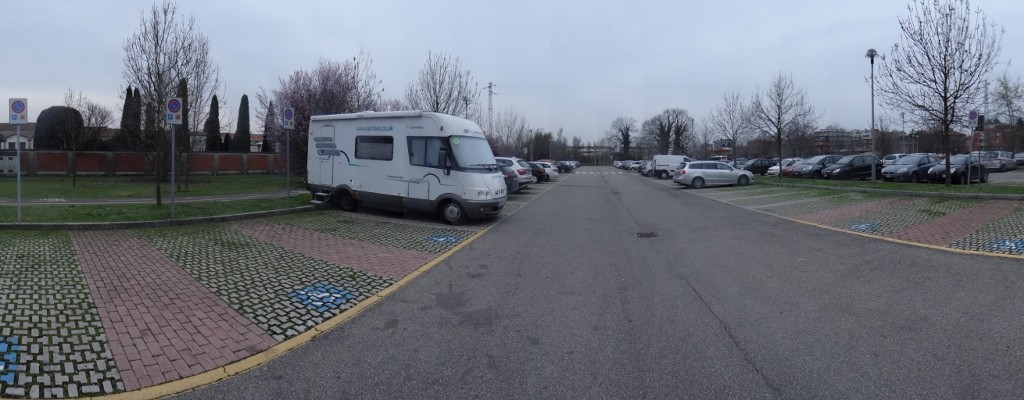 Zagan's kipping spot for the night, a car park a few minutes walk from the Ducati gates in Bologna