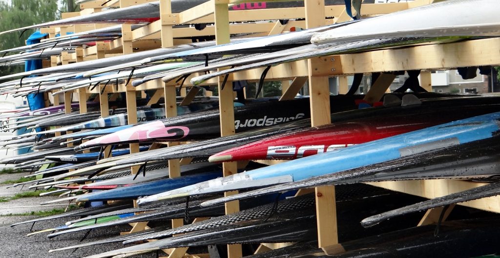 Racked canoes waiting for competition