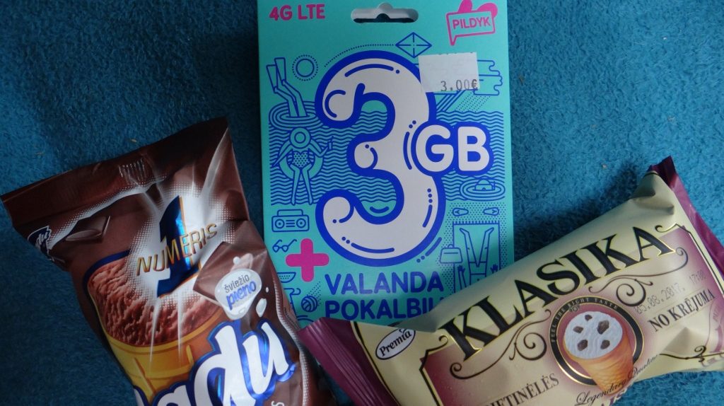 Our first shop in Lithuania - ice cream and a SIM card! Oh, and two cans of baked beans...