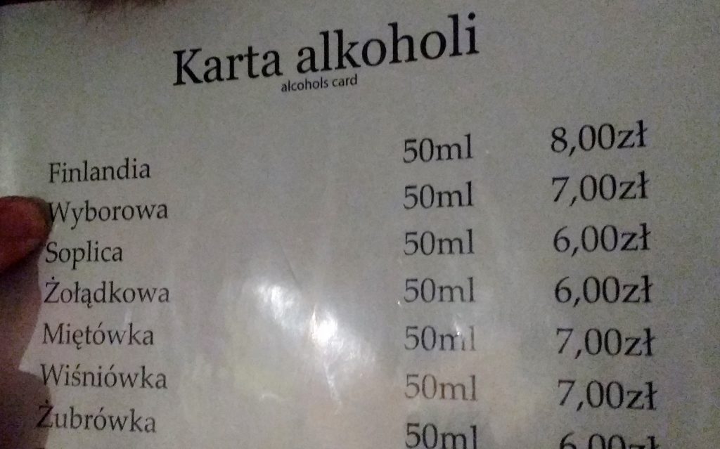 Vodka Menu Sandomierz, Poland