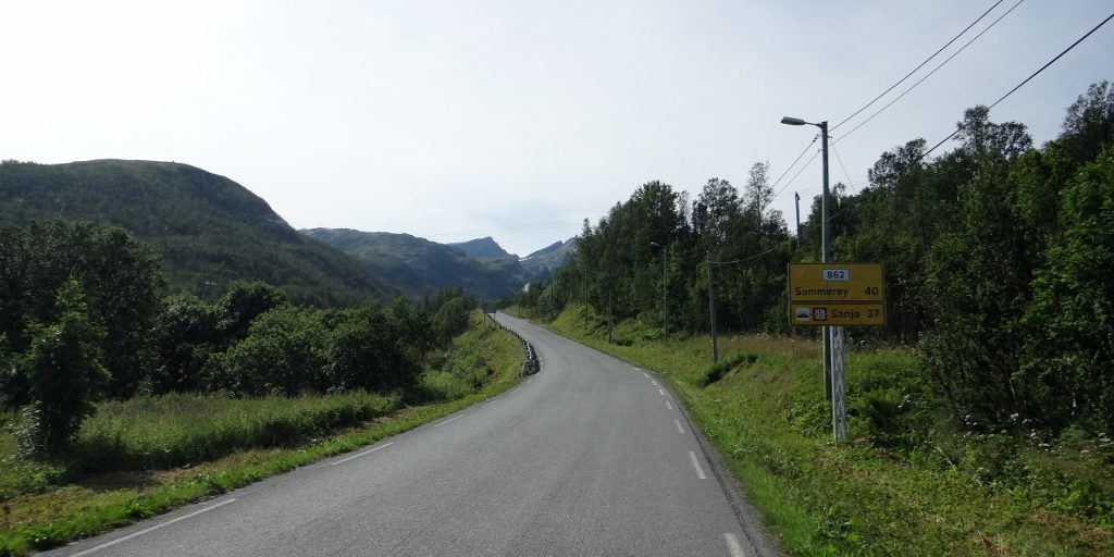 Start of the road to Sommarøy. For some reason half the signs were spelled wrong and someone had gone along with a marker pen correcting them