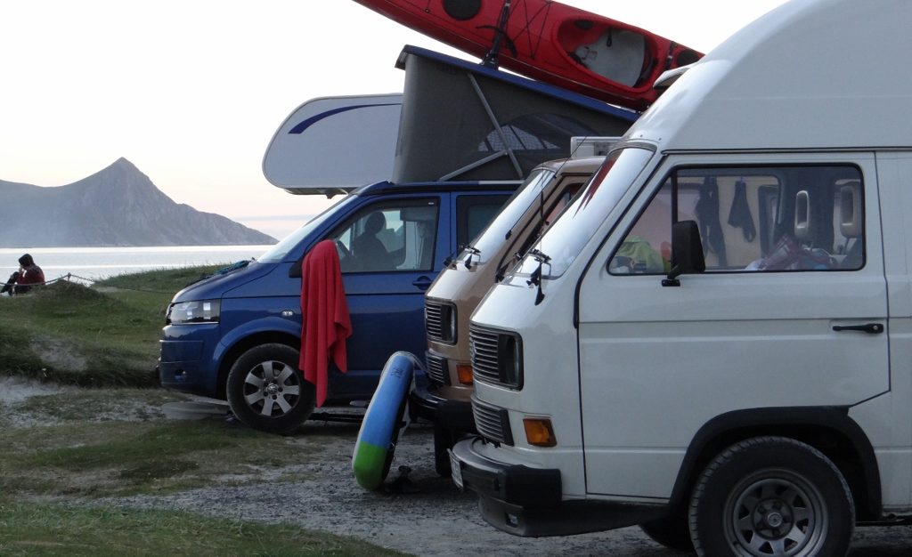 Motorhomes and campervans at Haukland Beach