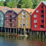 Colourful warehouses by waterfront Trondheim