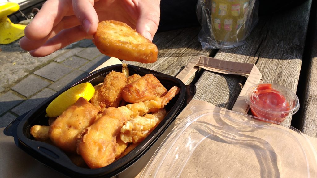 Take-away Norwegian Fish and Chips from the Fish Market in Bergen = 150 Nok (we shared it)