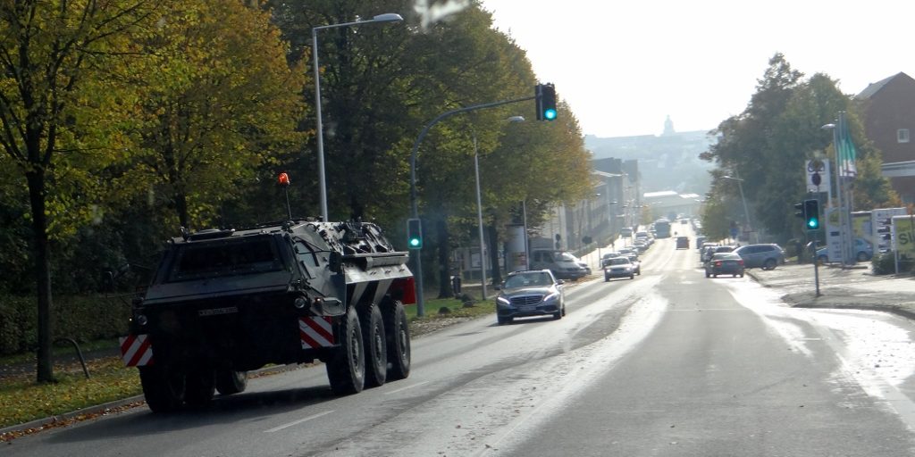 An armoured vehicle on the road as we entered Flensburg