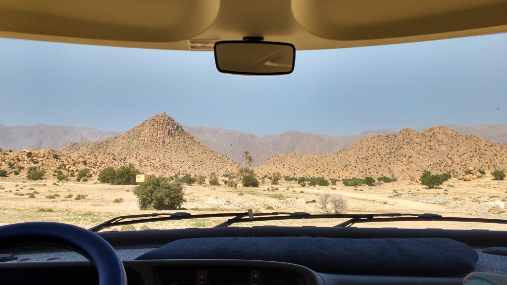 The incredible view of Tafraout from our Hymer's windscreen