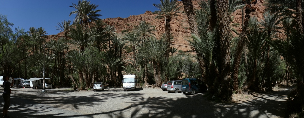 Motorhome guardian parking in the Ait Mansour gorge, Anti Atlas mountains, Morocco