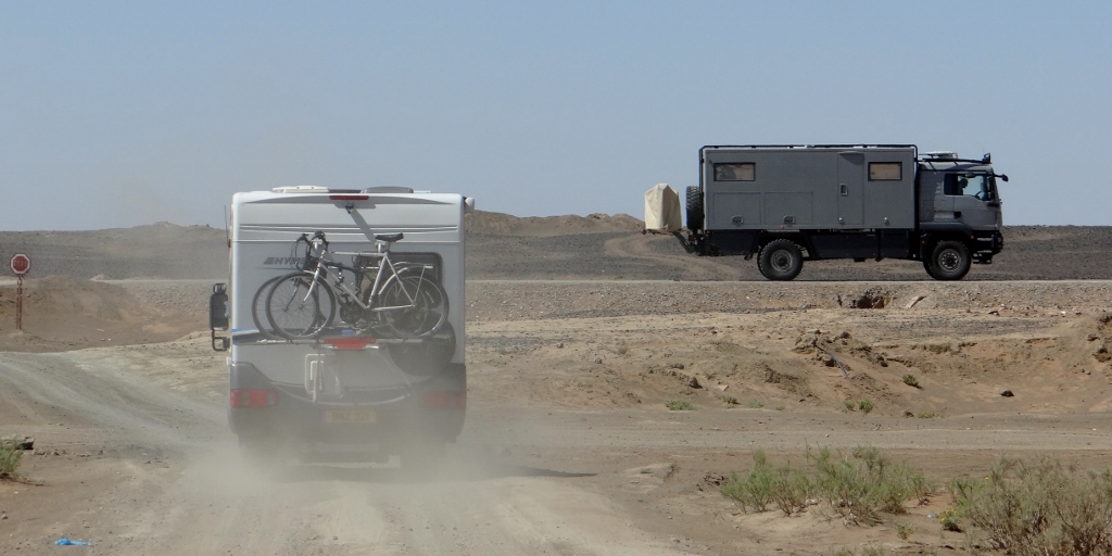 Big Ben (Jules and Phil's Mercedes Hymer) getting dusty in the desert