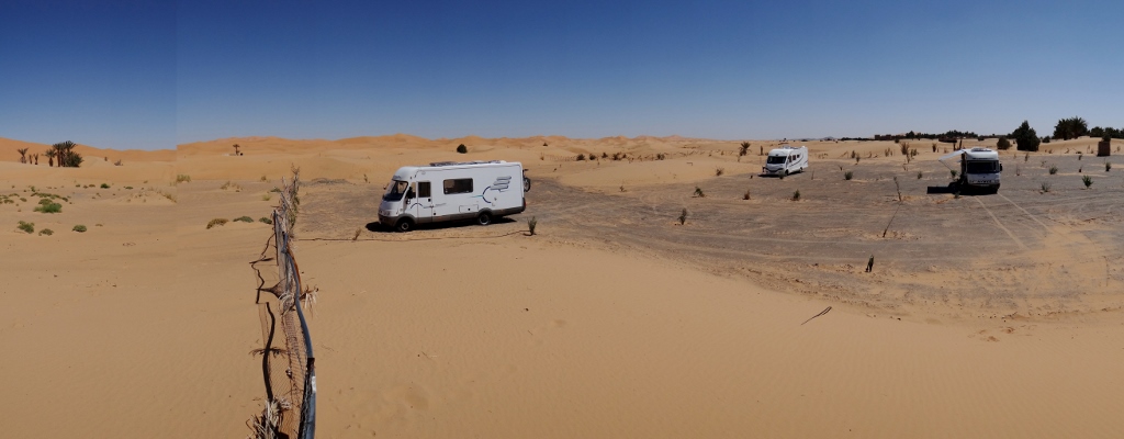Motorhome camping at Haven Auberge La Chance, Erg Chebbi, Morocco, about 2km north of Merzouga