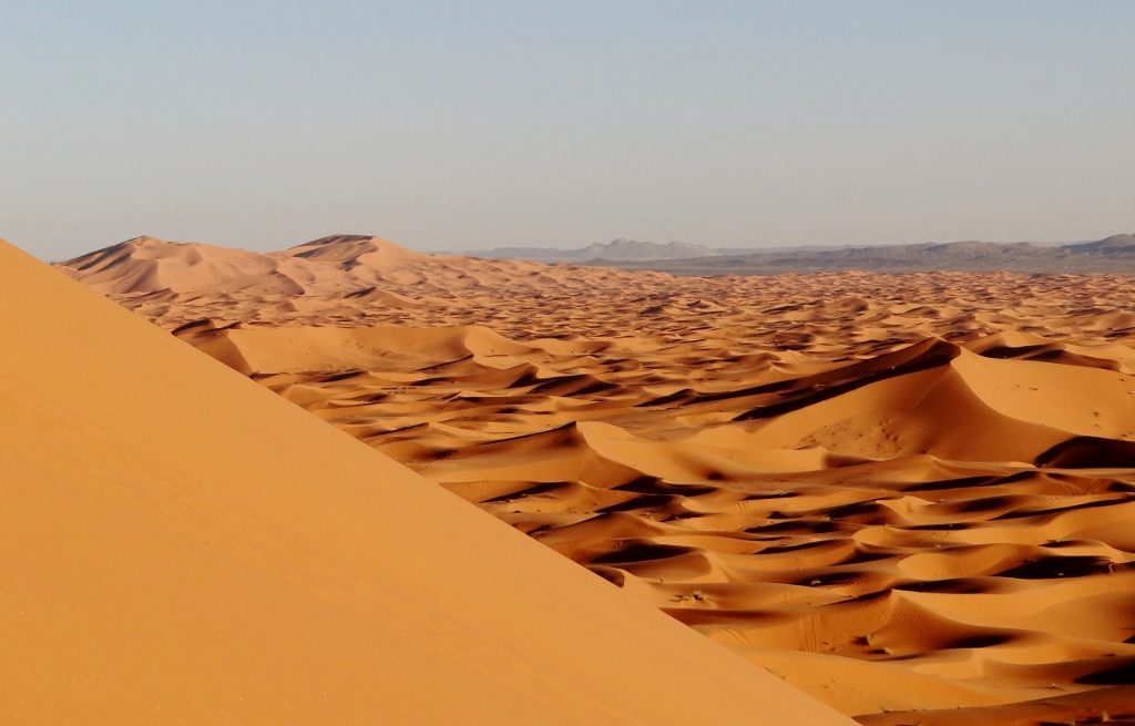The Erg Chebbi Dunes in Morocco. You can park your motorhome up against these and walk in and out of them!
