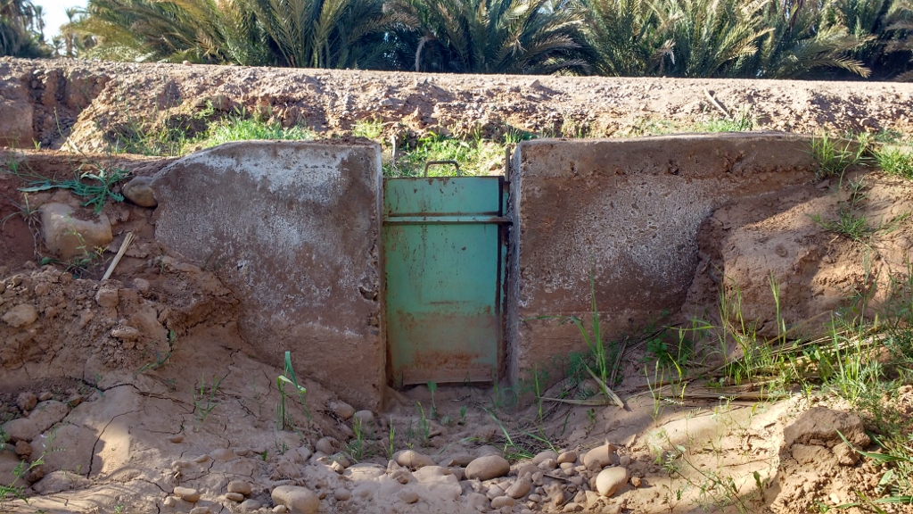 A small gate being used to redirect irrigation in the Mhamid oasis