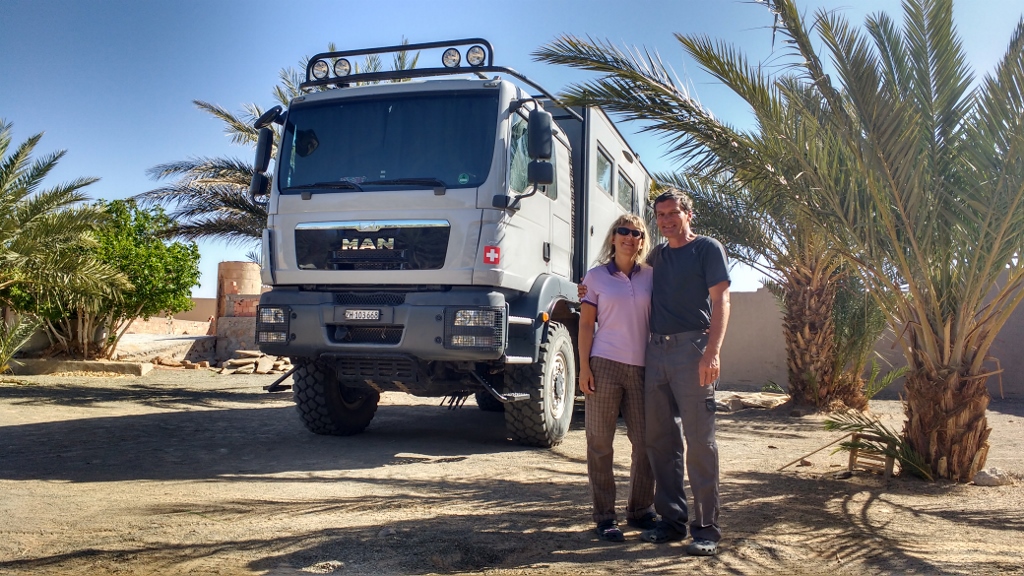 Margot and Jurg with their custom-built MAN overlander. They're off on the silk routes, and is getting well tested on the pistes of Morocco. Everything on this truck is 5 to 10 times bigger than our motorhomes. I sat in the cab and felt like a new King of the Road