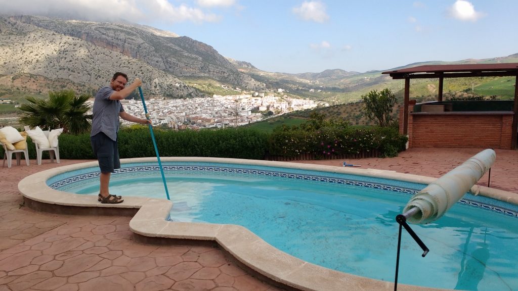 Pool cleaning at our dog-sit villa near Valle de Abdalajis, Spain