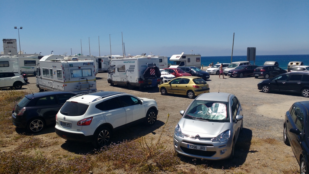 Parking alongside the beach and sea on the Cabo de Gata. This was a Sunday morning in June - the car park's since completely filled. We're guessing it'll be empty this evening.