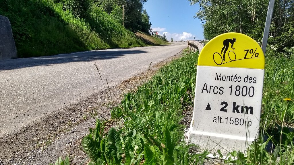Up to Arc 1800. These km markers are everywhere on France's Alpine ascents