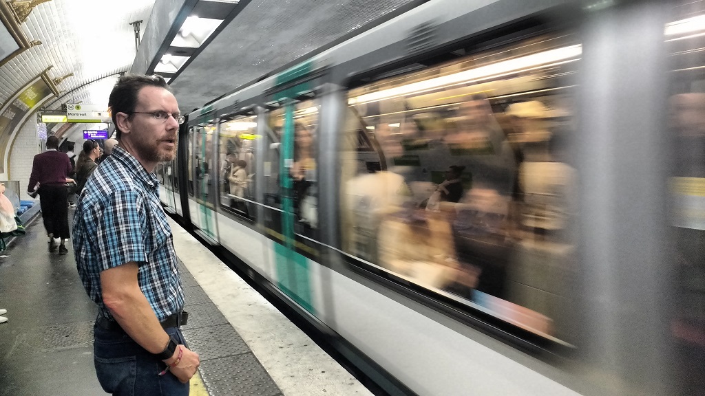 Riding the Paris metro (looking a bit amazed by it all I am - I'm no city boy!)