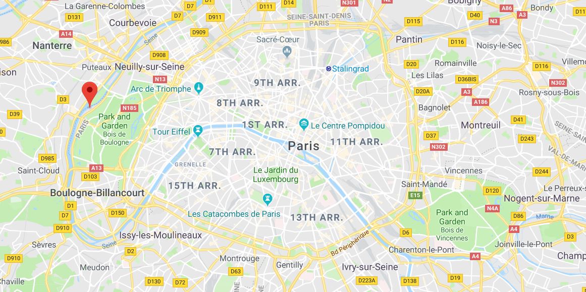 The location of Camping de Paris, to the west of the Bois de Bolougne about 3 miles from the Eiffel Tower