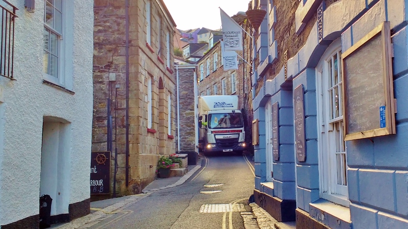 Narrow streets and stuck lorry in Mevagissy Cornwall