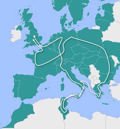 An OurTour Motorhome Tour Map of Europe and Tunisia