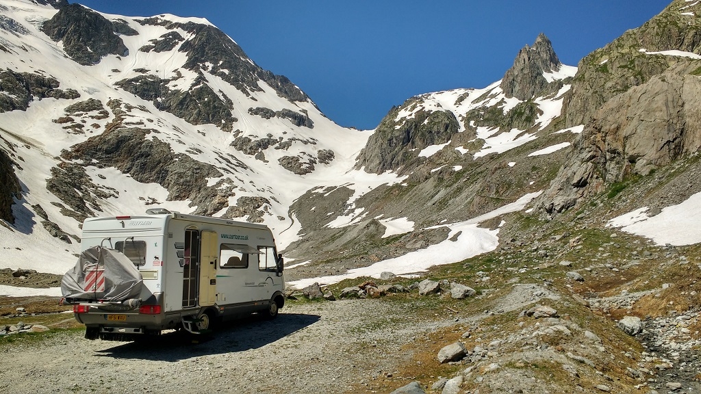 Wild free camping motorhome in the Swiss Alps at the Stone Glacier