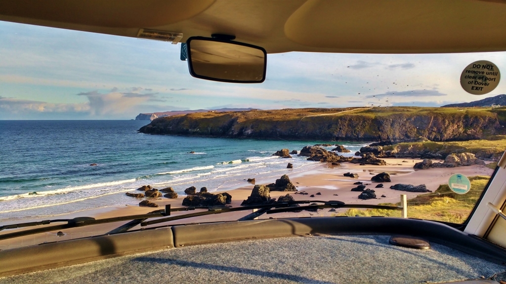 Hymer Motorhome View over Sango Sands Beach from Campsite