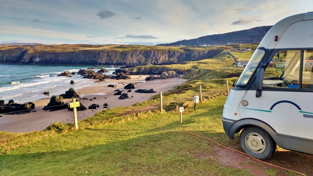 Cliff-top motorhome parking on the NC500 at Camping Sango Sands in Durness