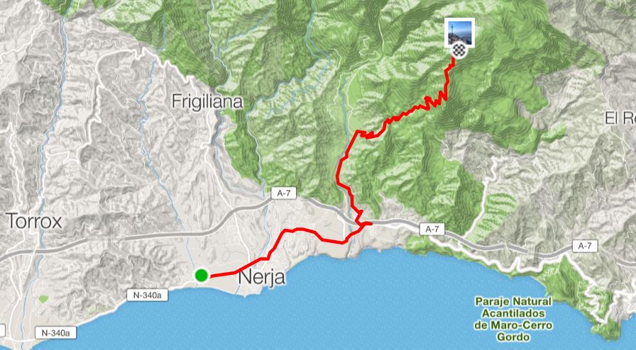 The route from the campsite up to El Cielo. It passes beneath the A-7 just before the Nerja Caves