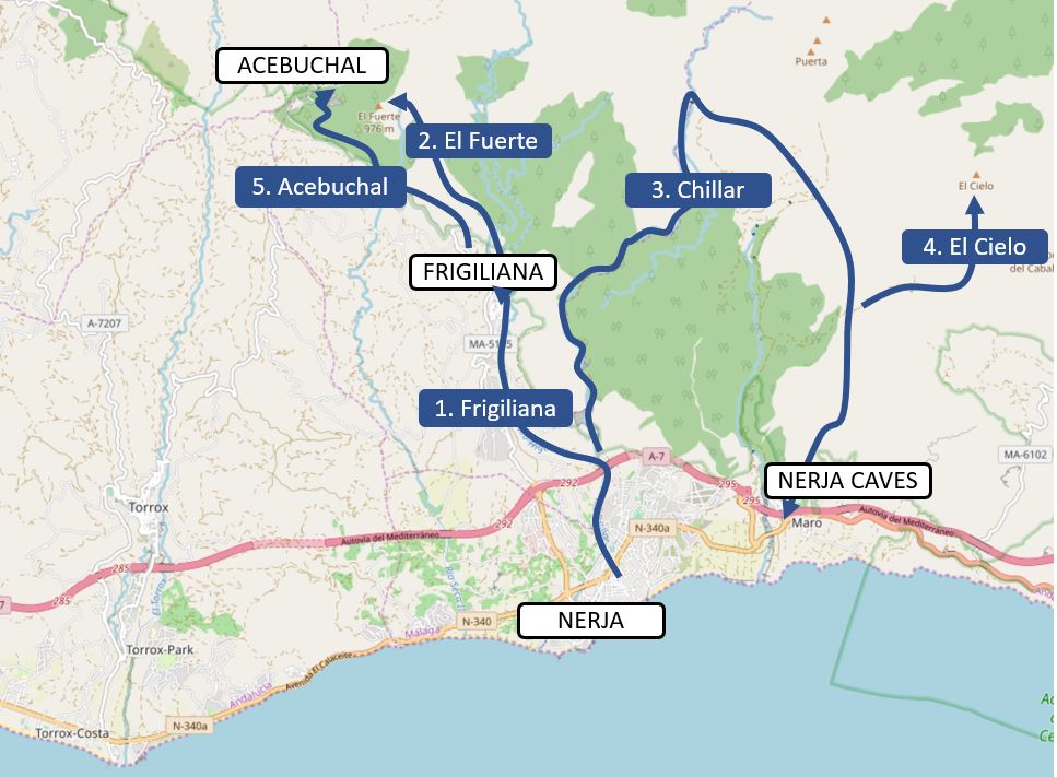 A map of rough routes for hiking and walking around Nerja