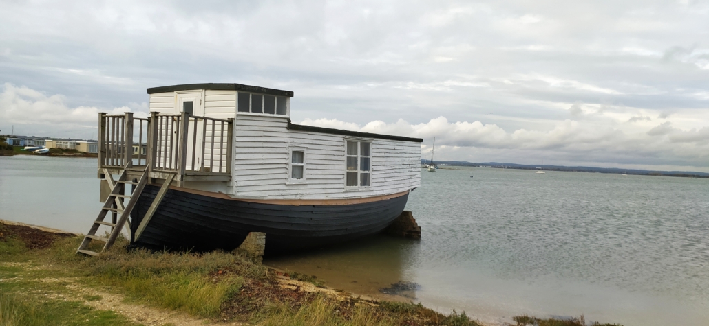 A curious-looking house boat in the Kench Nature Reserve, Hayling Island
