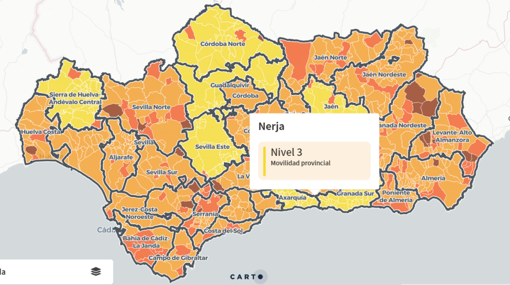 The lighter oranges and yellows mean lower COVID cases in Andalucia, and the map's gradually getting lighter.