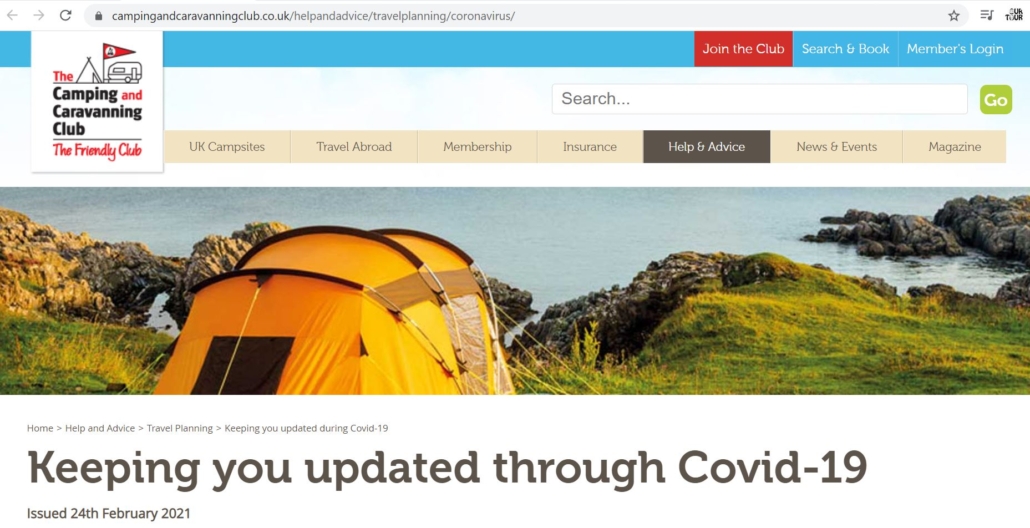 Useful COVID-19 updates on the Camping and Caravanning Club Website