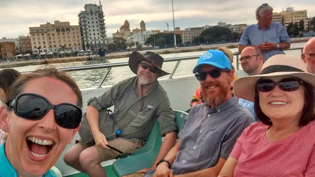 On a ferry from Cadiz back to our motorhomes with fellow bloggers Steve and Linda, aka The Chouters