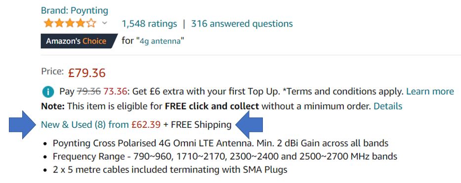 The 'New & Used' option on Amazon which we used to get a returned Antenna in perfect condition for £15 less