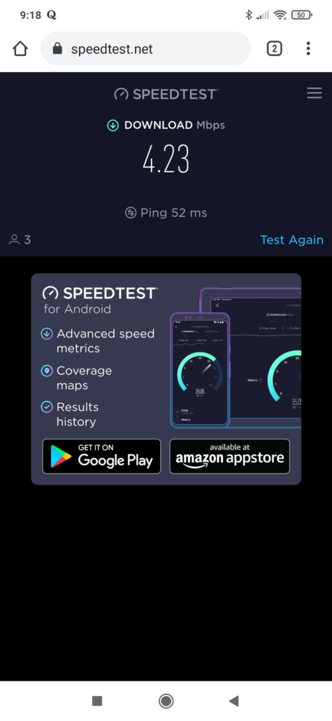 4.23Mbps Internet Speed Test without the Antenna Attached 