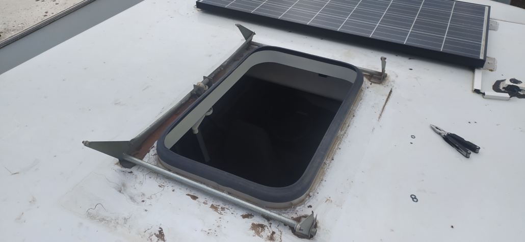 A motorhome roof with the skylight removed.