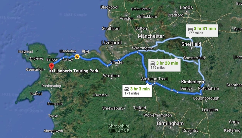 Map showing Routes from Nottingham to Snowdonia on Google Maps