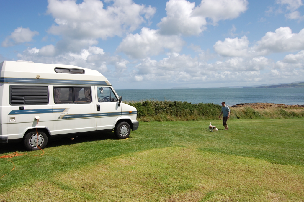 With our Talbot Autosleeper campervan and our dog Charlie on Angelsey