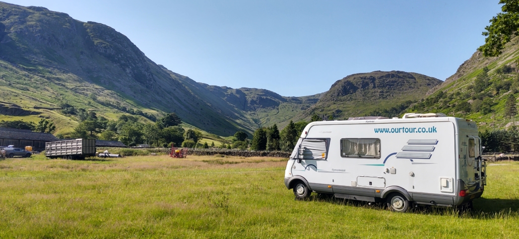 Our motorhome at Seathwaite farm campsite south of Keswick in the Cumbrian Fells